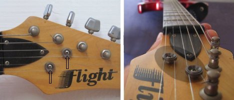 The string supporting bridges on the headstock of an electric guitar